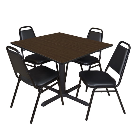 Romig Pillar 48 in. Square Breakroom Table- Neo Walnut & 4 Restaurant Stack Chairs- Black