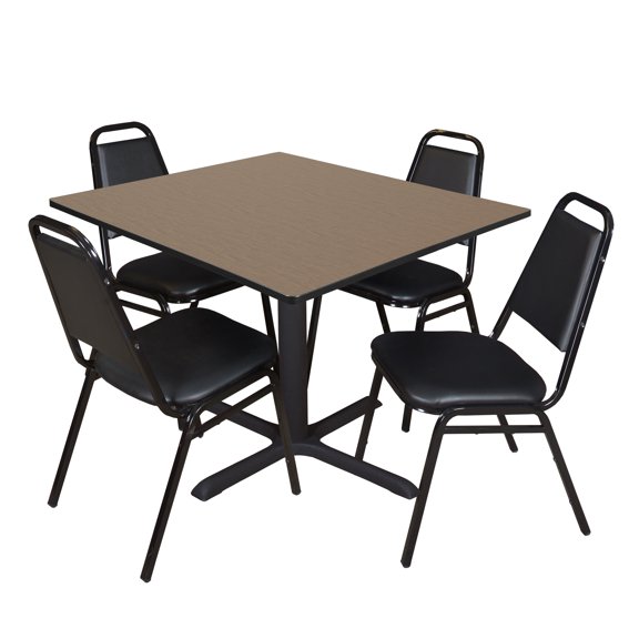 Romig Pillar 48 in. Square Breakroom Table- Noble Oak & 4 Restaurant Stack Chairs- Black