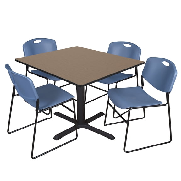 Romig Pillar 48 in. Square Breakroom Table- Noble Oak & 4 Zeng Stack Chairs- Blue