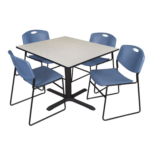 Romig Pillar 48 in. Square X-Base Breakroom Table- Maple & 4 Zeng Stack Chairs- Blue