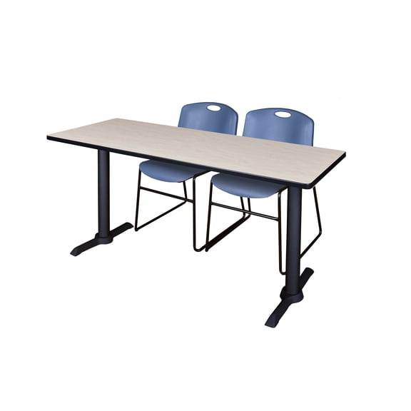 Romig Pillar 72 x 24 in. T-Base Training Seminar Table- Maple & 2 Zeng Stack Chairs- Blue