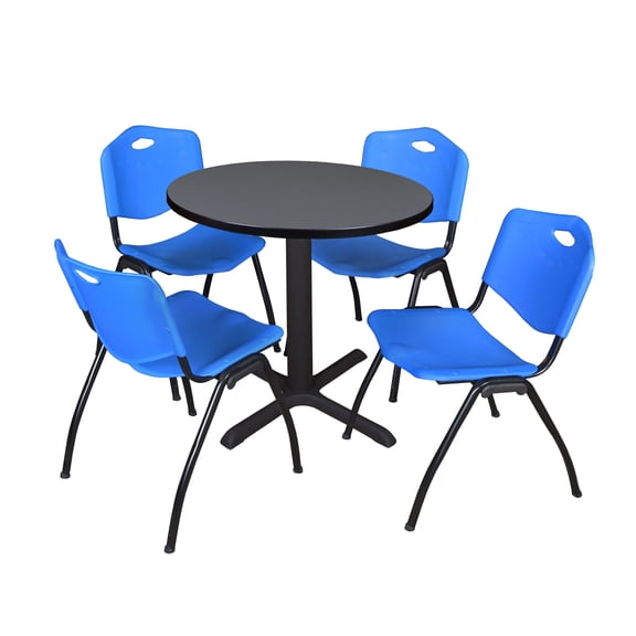 Romig Pillar Small 30 in. Round X-Base Breakroom Table- Grey & 4 M Stack Chairs- Blue