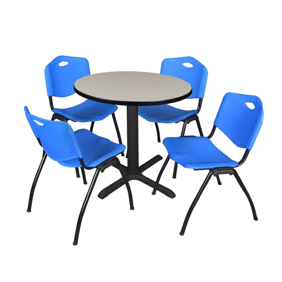Romig Pillar Small 30 in. Round X-Base Breakroom Table- Maple & 4 M Stack Chairs- Blue