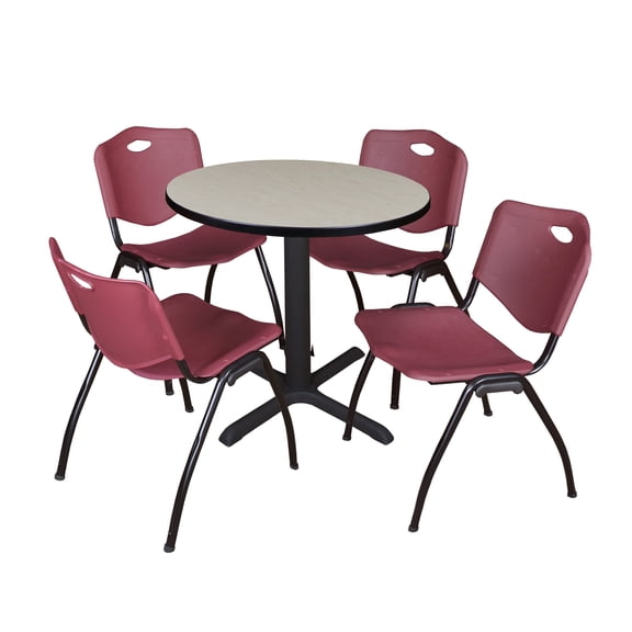 Romig Pillar Small 30 in. Round X-Base Breakroom Table- Maple & 4 M Stack Chairs- Burgundy