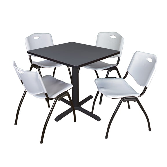 Romig Pillar Small 30 in. Square X-Base Breakroom Table- Grey & 4 M Stack Chairs- Grey
