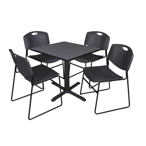 Romig Pillar Small 30 in. Square X-Base Breakroom Table- Grey & 4 Zeng Stack Chairs- Black
