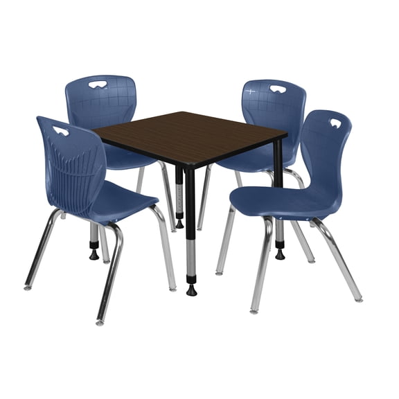 Romig Trek 30 in. Square Adjustable Classroom Table- Neo Walnut Top, Black Base & 4 Andy 18 in. Blue Stack Chairs