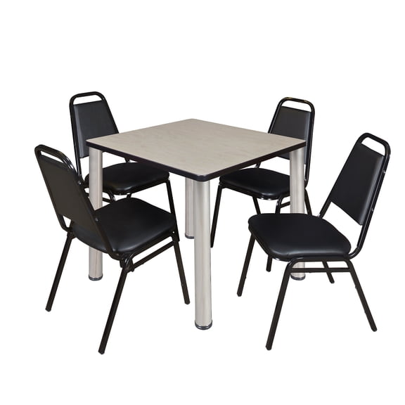 Romig Trek 30 in Square Breakroom Table- Maple Top, Chrome Legs, 4 Restaurant Stack Chairs