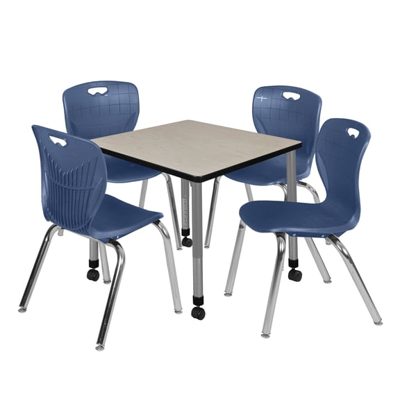 Romig Trek 30 in. Square Mobile Adjustable Classroom Table- Maple & 4 Andy 18 in. Stack Chairs- Blue & Grey Base