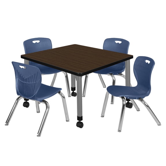 Romig Trek 30 in. Square Mobile Adjustable Classroom Table- Neo Walnut Top, Grey Base & 4 Andy 12 in. Blue Stack Chairs