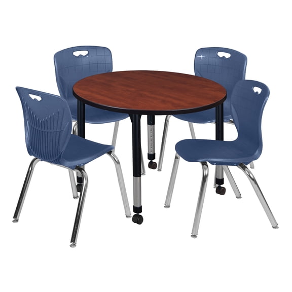 Romig Trek 36 in. Round Adjustable Classroom Table- Cherry & 4 Andy 18 in. Stack Chairs- Blue