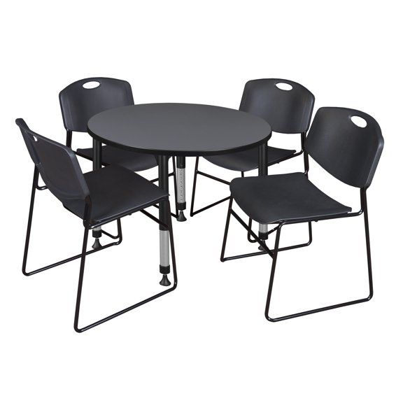 Romig Trek 36 in. Round Adjustable Classroom Table- Grey & 4 Zeng Stack Chairs- Black