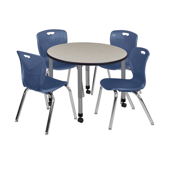 Romig Trek 36 in. Round Adjustable Classroom Table- Maple & 4 Andy 18 in. Stack Chairs- Blue & Grey Base