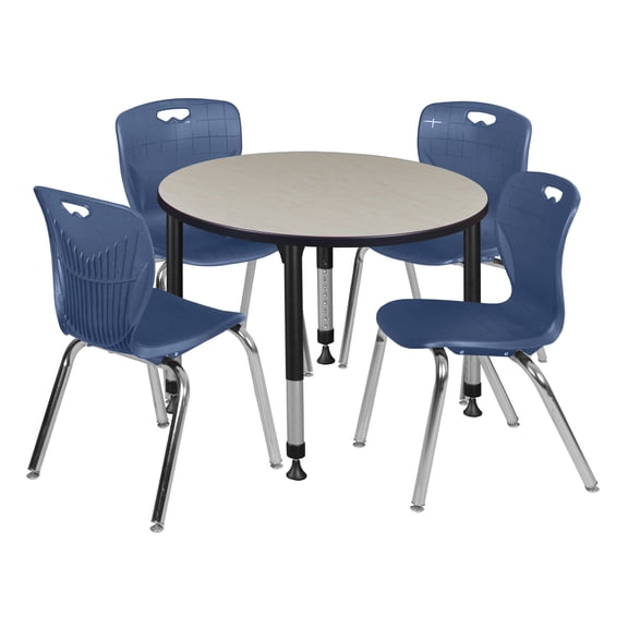 Romig Trek 36 in. Round Adjustable Classroom Table- Maple & 4 Andy 18 in. Stack Chairs- Blue