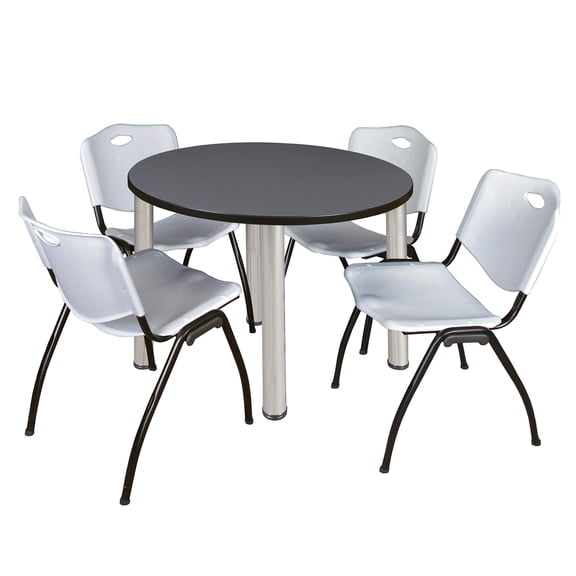 Romig Trek 36 in Round Breakroom Table- Grey Top, Chrome Legs, 4 M Stack Chairs- Grey