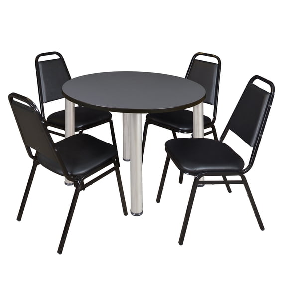 Romig Trek 36 in Round Breakroom Table- Grey Top, Chrome Legs, 4 Restaurant Stack Chairs