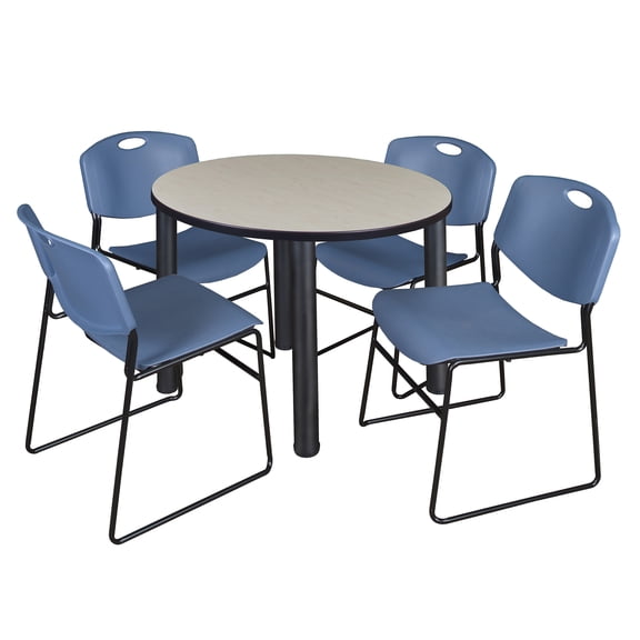Romig Trek 36 in Round Breakroom Table- Maple Top, Black Legs, 4 Zeng Stack Chairs- Blue