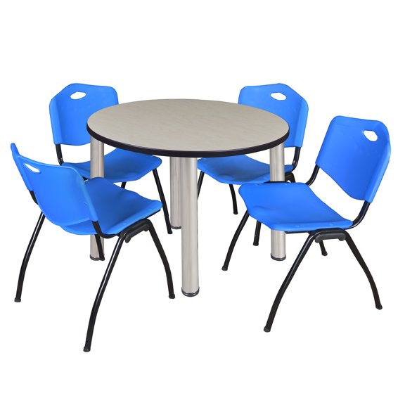 Romig Trek 36 in Round Breakroom Table- Maple Top, Chrome Legs, 4 M Stack Chairs- Blue