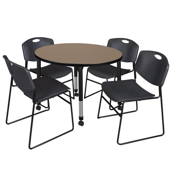 Romig Trek 36 in. Round Mobile Adjustable Classroom Table- Noble Oak Top, Black Base & 4 Black Zeng Stack Chairs