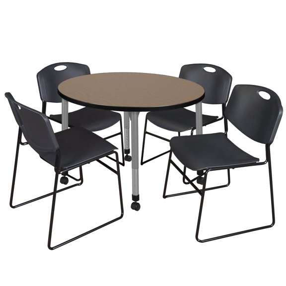 Romig Trek 36 in. Round Mobile Adjustable Classroom Table- Noble Oak Top, Grey Base & 4 Black Zeng Stack Chairs