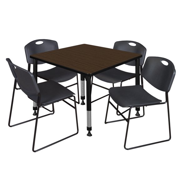 Romig Trek 36 in. Square Adjustable Classroom Table- Neo Walnut Top, Black Base & 4 Black Zeng Stack Chairs