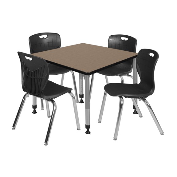 Romig Trek 36 in. Square Adjustable Classroom Table- Noble Oak Top, Grey Base & 4 Andy 18 in. Black Stack Chairs