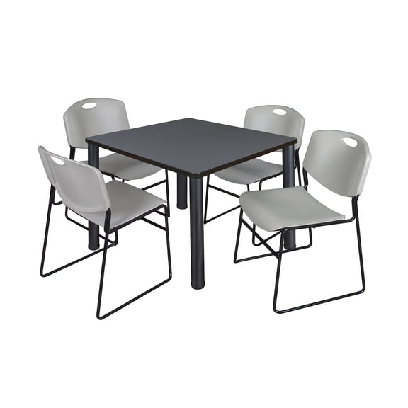 Romig Trek 36 in Square Breakroom Table- Grey Top, Black Legs, 4 Zeng Stack Chairs- Grey