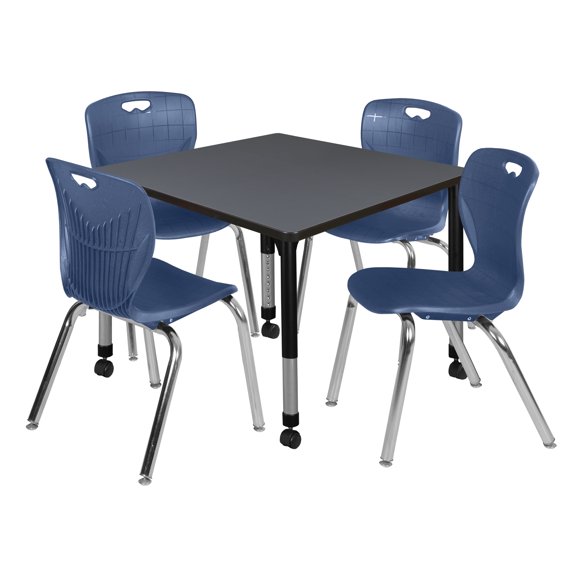 Romig Trek 36 in. Square Mobile Adjustable Classroom Table- Grey & 4 Andy 18 in. Stack Chairs- Blue