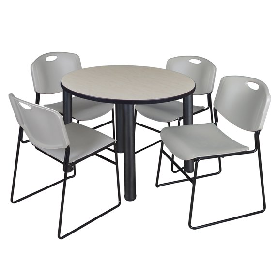 Romig Trek 42 in Round Breakroom Table- Maple Top, Black Legs, 4 Zeng Stack Chairs- Grey