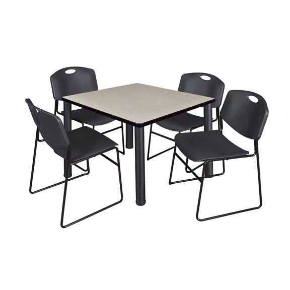 Romig Trek 42 in Square Breakroom Table- Maple Top, Black Legs, 4 Zeng Stack Chairs- Black