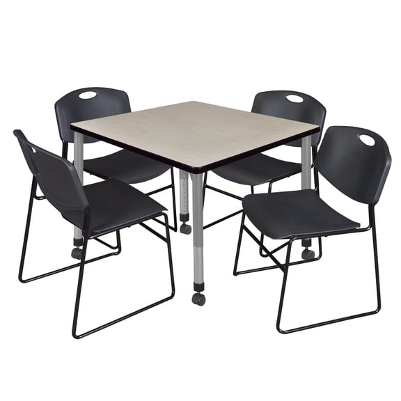 Romig Trek 42 in. Square Mobile Adjustable Classroom Table- Maple & 4 Zeng Stack Chairs- Black & Grey Base
