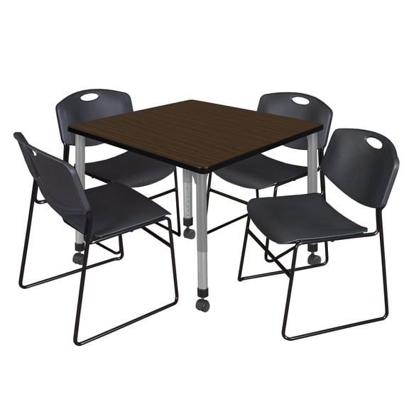 Romig Trek 42 in. Square Mobile Adjustable Classroom Table- Neo Walnut Top, Grey Base & 4 Black Zeng Stack Chairs