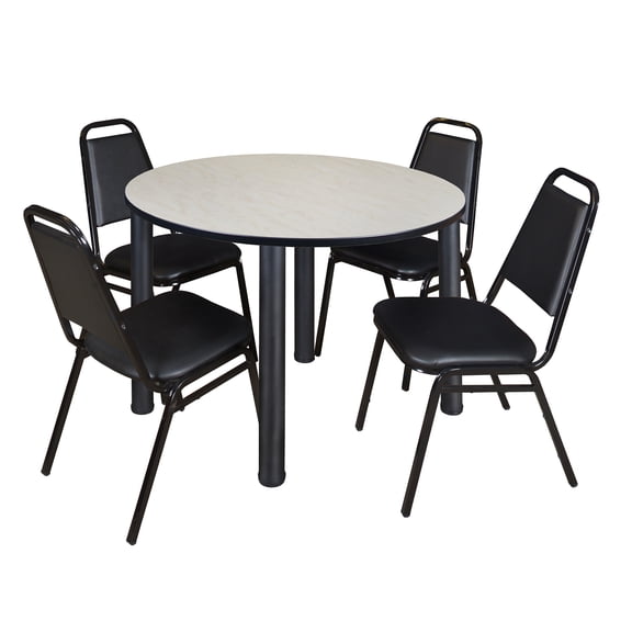 Romig Trek 48 in Round Breakroom Table- Maple Top, Black Legs, 4 Restaurant Stack Chairs
