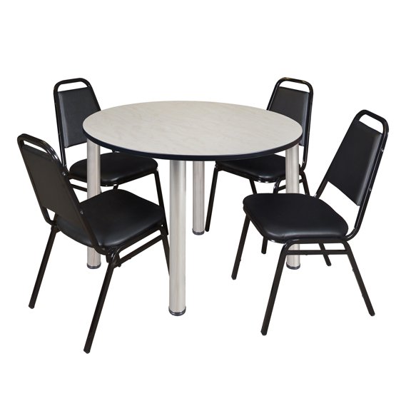 Romig Trek 48 in Round Breakroom Table- Maple Top, Chrome Legs, 4 Restaurant Stack Chairs
