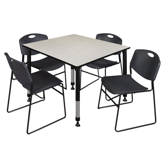 Romig Trek 48 in. Square Adjustable Classroom Table- Maple & 4 Zeng Stack Chairs- Black