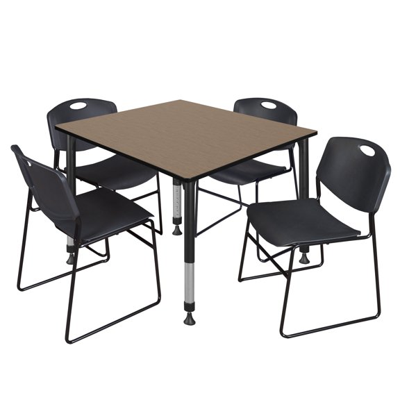 Romig Trek 48 in. Square Adjustable Classroom Table- Noble Oak Top, Black Base & 4 Black Zeng Stack Chairs