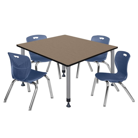 Romig Trek 48 in. Square Adjustable Classroom Table- Noble Oak Top, Grey Base & 4 Andy 12 in. Blue Stack Chairs