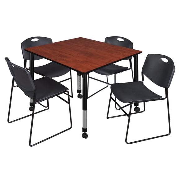 Romig Trek 48 in. Square Mobile Adjustable Classroom Table- Cherry & 4 Zeng Stack Chairs- Black