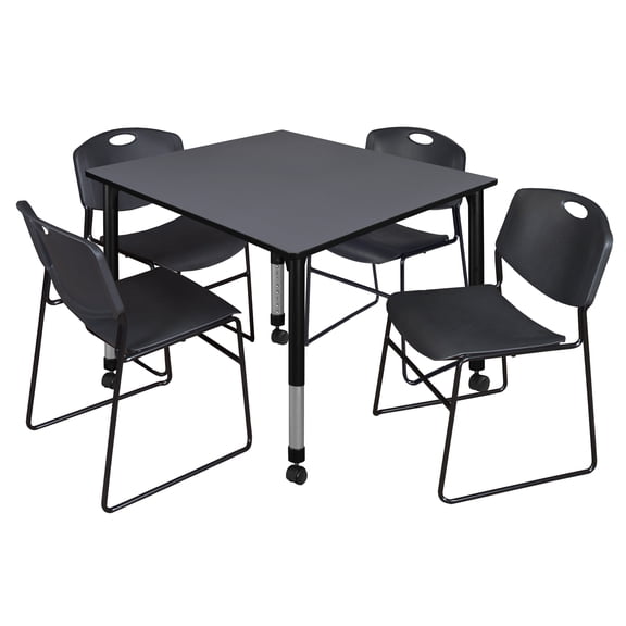 Romig Trek 48 in. Square Mobile Adjustable Classroom Table- Grey & 4 Zeng Stack Chairs- Black