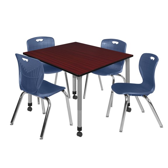 Romig Trek 48 in. Square Mobile Adjustable Classroom Table- Mahogany & 4 Andy 18 in. Stack Chairs- Blue & Grey Base