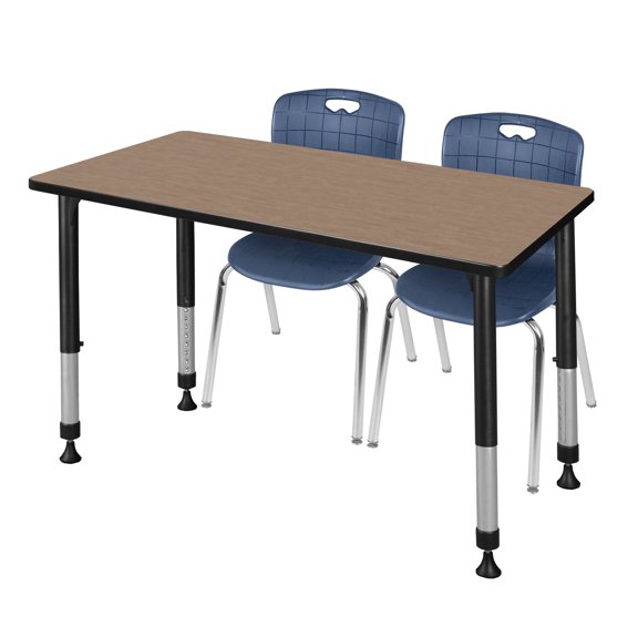 Romig Trek 48 x 24 in. Adjustable Classroom Table- Noble Oak Top, Black Base & 2 Andy 18 in. Blue Stack Chairs