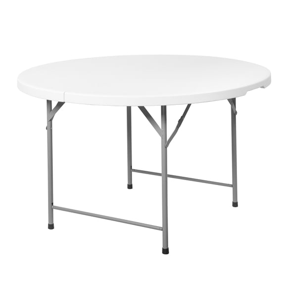 Romig Trestle 4 ft Round Folding Table, Blow Mold Plastic Top, Fold-in-Half with Handle, Heavy-Duty Steel Frame, 48 in, White