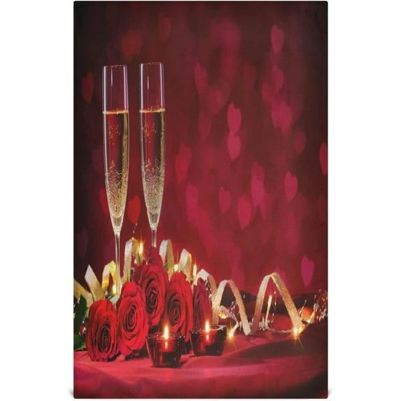 Romintic Valentine Wine Dish Towels Set of 1, Red Rose Candle Washable Tea Towels Dishcloths Lint-Free 18x28 Inch Fast Drying for Home Kitchen Clean