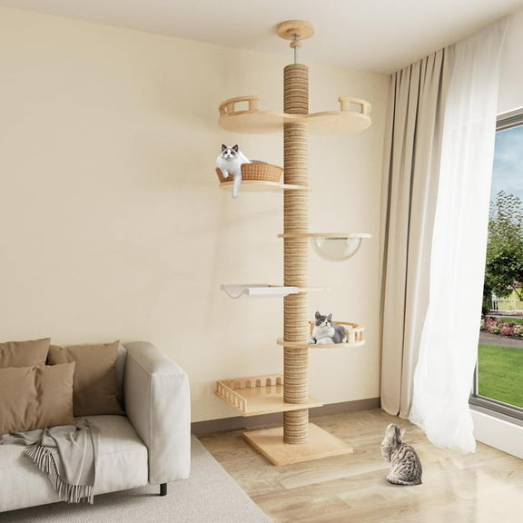 Romiromi 98-102 7-Tier Floor to Ceiling Cat Tree Tower, Height Adjustable Wooden Climbing Tree with 7 Sisal Scratching Post