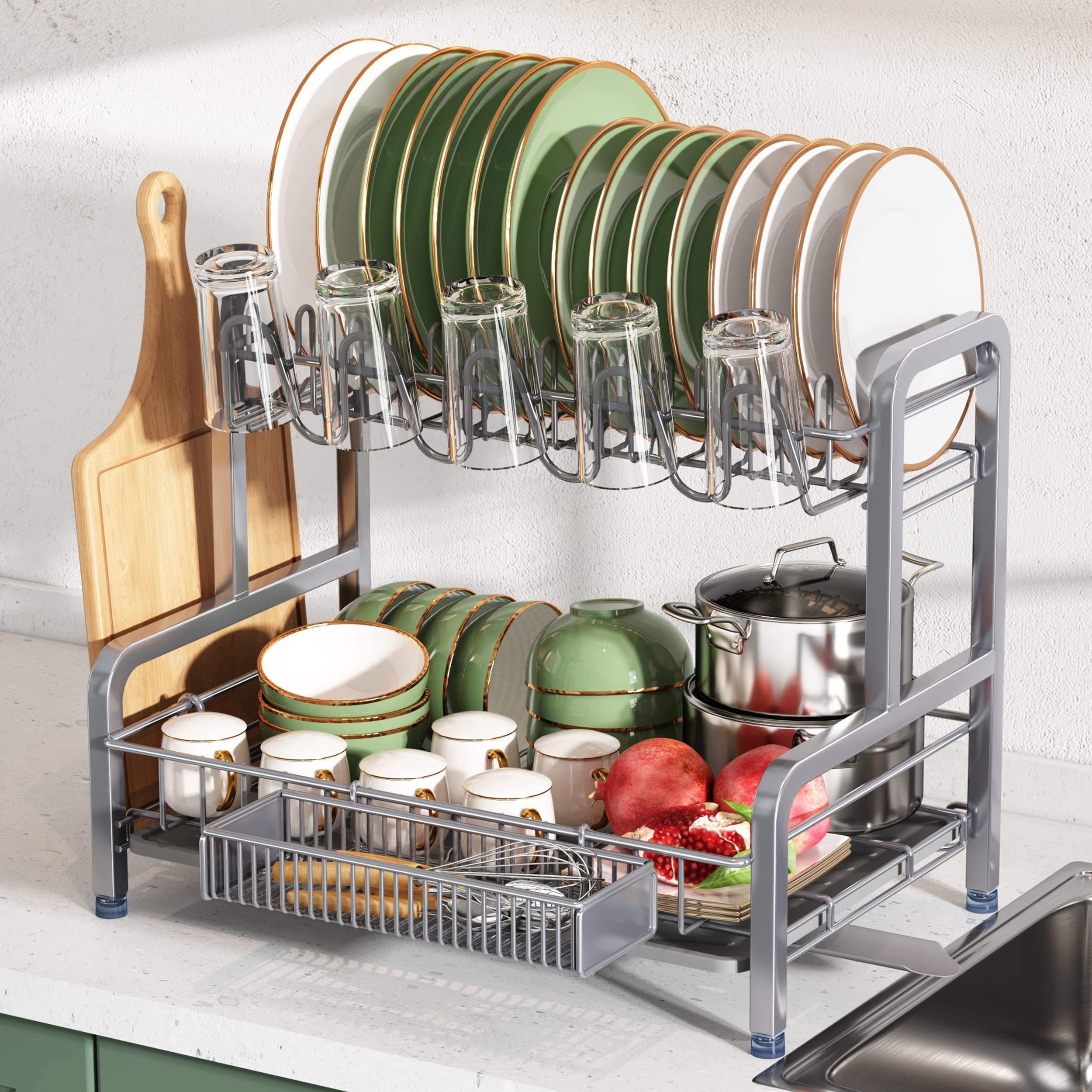 romision Over The Sink Dish Drying Rack, 2-Tier Adjustable  Length(33.5-36.2in) Stainless Steel Dish Rack Over Sink, Expandable Large  Dish Drainer for