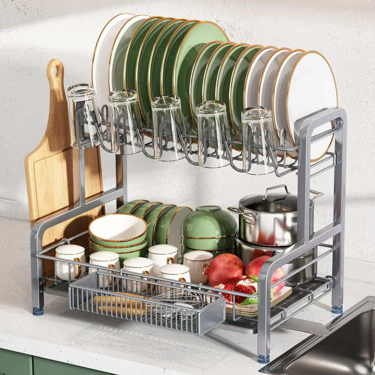Dish Drying Rack, romision 304 Stainless Steel 2 Tier Large Dish Rack and Drainboard Set with Swivel Spout Drainage, Full Size Dish Drainer with Utens