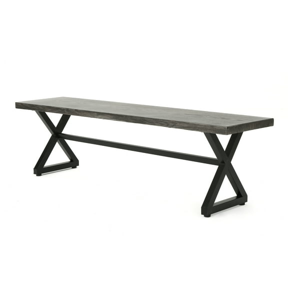 Romita Outdoor Dining Bench, X Shape Legs, Gray Metal, Black Steel, 63 Inch