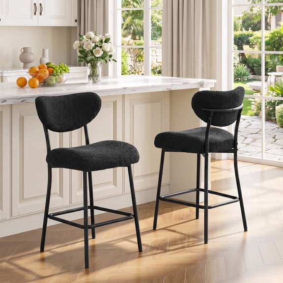 Romorgniz 23.6" Counter Height Black Boucle Bar Stools with Thick Padded Seat, Ergonomic Curved Back Support, Set of 2