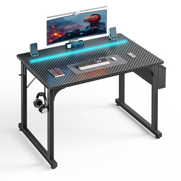 Romorgniz 32 Inch Computer Desk with LED Lights for Small Spaces, Home Office Desk with Storage Bag, Headphone Hook, Black