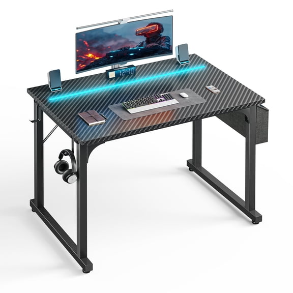 Romorgniz 32"W Small Computer Desk with LED Lights, Gaming Desk with Storage Bag and Headphone Hook for Conrner, Apartment, Black
